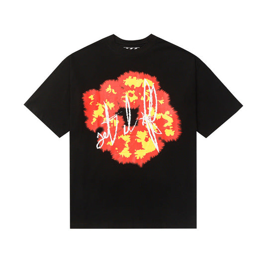 Denim Tears T-shirts Flame Wood Cotton Printed Loose Short Sleeve T-shirt